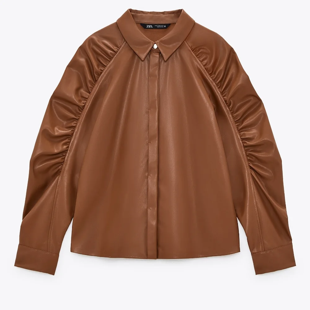 NWT ZARA Warm Cognac Brown Faux Leather Gathered Sleeve Overshirt M - Picture 3 of 6